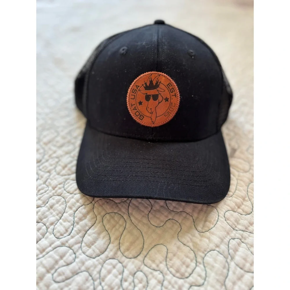 GOAT USA Mens Black Trucker Hat Orange Logo Patch Snapback Cap OSFA